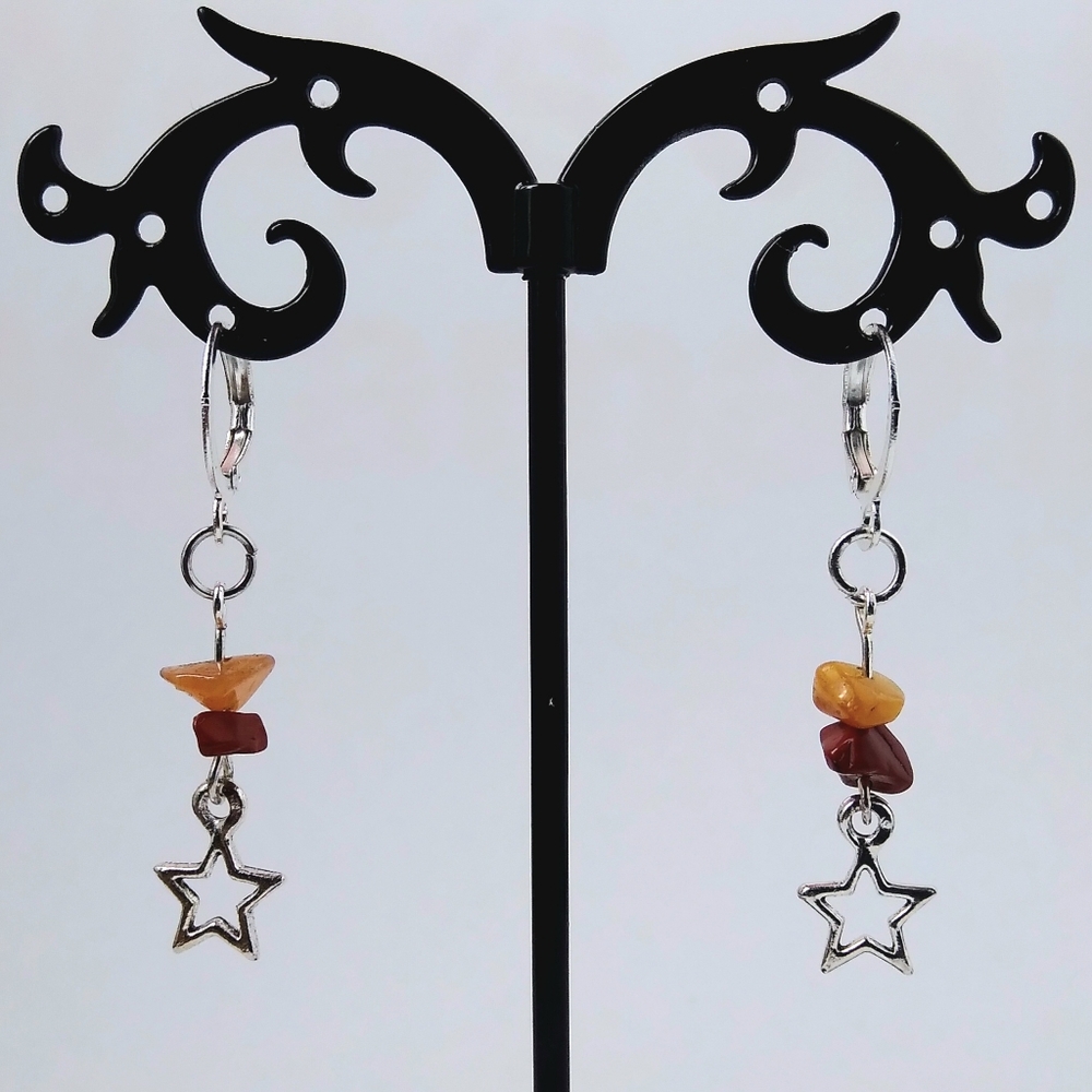 Stunning Handmade Red and Orange Gems and Silver Stars Dangling Earrings